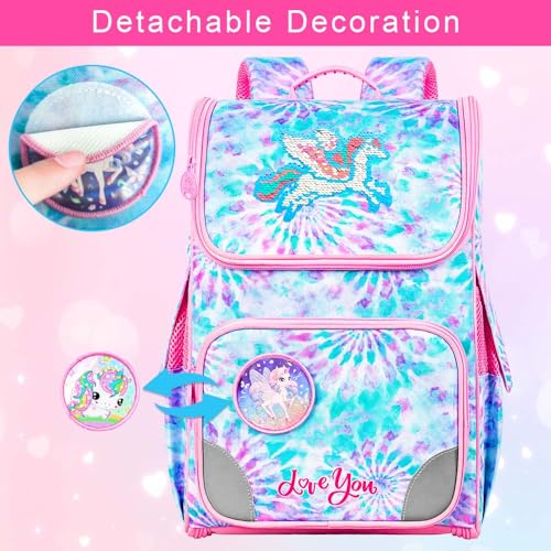 Image of HPJGD Tie-Dye Unicron Backpack for Girls, 15 inch Sequins Preschool Bookbag with Lunch Box for Kids, 3PCS Shcool Bag Set for Elementary Toddler