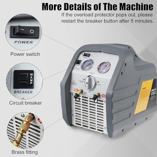 HVAC AC Refrigerant Recovery Machine Unit Tool Kit Recycle Liquid and Vapor Freon of Automotive Household and Commercial Air Conditioner System, 3/4HP Oil-less Compressor