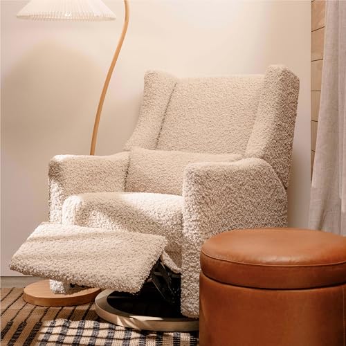 Image of Babyletto Kiwi Glider Recliner Nursery Chair w/USB Ports - GREENGUARD Gold Certified - Water & Stain Resistant Glider Rocking Chair - Electronic, 270° Swivel, Almond Teddy Loop w/Light Wood Base