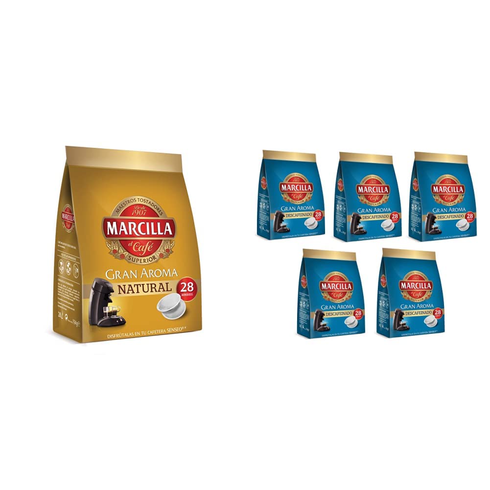 Marcilla Café Natural para máquina Senseo - 5 paquetes de 28 monodosis (Total 140 monodosis) & Gran Aroma Descafeinado - [Pack de 5]