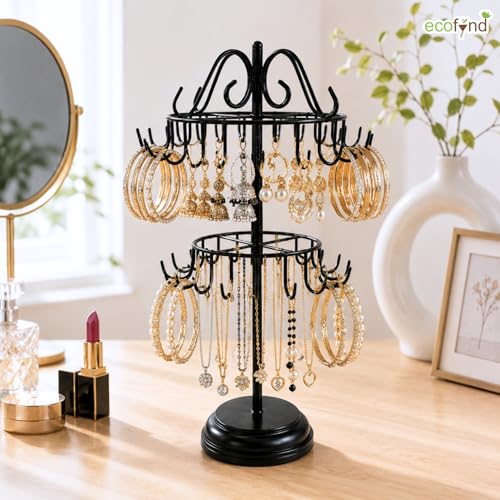 Image of ecofynd 2-Tier Metal Jewelry Organizer Stand with 40 Hooks, 360 Rotating 20-Inch Holder for Earrings, Necklaces, Bracelets & Rings, Space-Saving Display for Vanity & Dressing Table (Black, JS013)