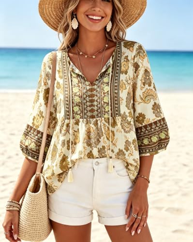 Image of Vivilli Womens Summer Boho Babydoll Tops 3 /4 Sleeve Pleated Peplum Blouses Casual V Neck Tie Front 2026 Tunic Tops