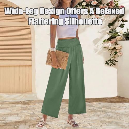 Sufficient Women's Smocked Waist Wide Leg Palazzo Pants, Continentau Summer Lightweight Trousers with Pockets4
