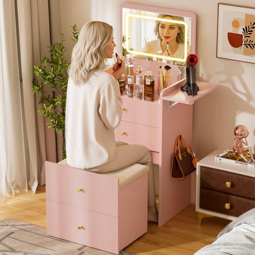 Image of COMHOMA Makeup Vanity Desk with Mirror and Lights, Small 3 in 1 Vanity Table with Visible Glass Top, Flip Top & 3 Drawers, Compact Dressing with Storage Stool for Room or Office