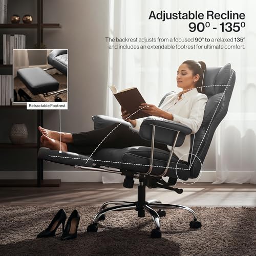 Image of DROGO Ergonomic Office Chair for Work from Home 400LBS, PU Leather Computer Chair for Study with High Back, Cushion Seat, Armrest, Head & Lumbar Support | Gaming Chair with Footrest & Recline (Grey)