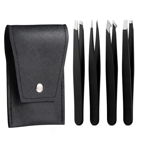 Brencco Kit 4 Pinzas Depilar Profesional Acero Inoxidable, Cejas, Pelos Encarnados, Barba – Punta Recta/Punta Oblicua/Punta Inclinada Puntiaguda/Punta