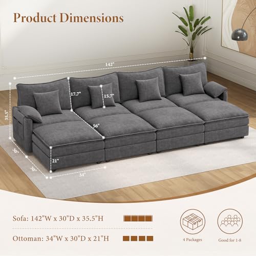 Image of Vesgantti 142 inch Oversized Sectional Sofa Bed, 8-Seater Modular Sleeper Cloud Couch with Movable Ottoman, Chenille Convertible Sofa Set Deep Seat Couches for Living Room, Bedroom and Apartment, Gray