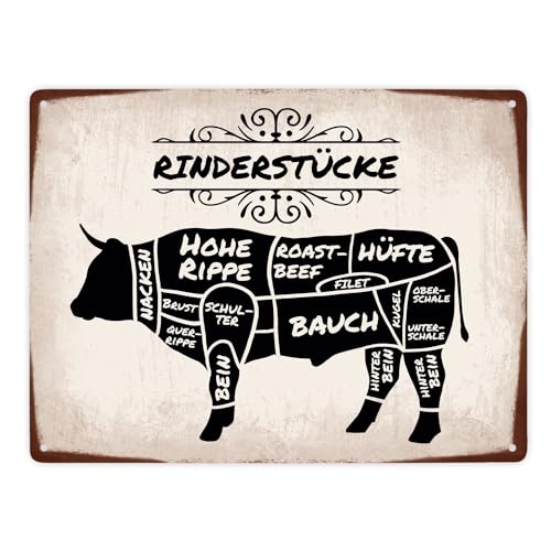 Rinderstücke BBQ Beef Fleischstücke Metallschild XXL in 28x38 cm Blechschild für den Grill als Dekoration für Grillfans und Fleischesser