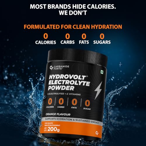 Image of Carbamide Forte Electrolytes Powder - 200g | Hydration Drink Mix with 5 Essential Electrolytes, 400mg Glutamine & Taurine | Electrolytes for Gym, Daily Hydration, Sports, Travel & Workout | Orange Flavour