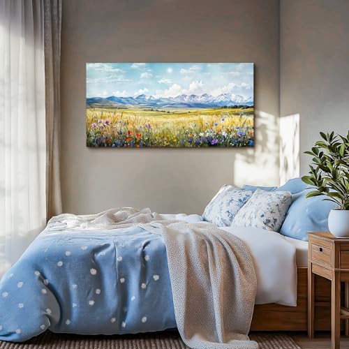 SERIMINO Nature Landscape Large Wall Art Prints, Meadow Wildflowers Rustic Home Decor, Mountain Wilderness Scenic Canvas Painting, Outdoor Pictures Wall Decor Living Room Bedroom Bathroom 24"X48"
