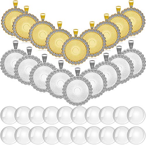 20 Pieces Rhinestone Bezel Pendant Trays Cabochon Pendant Setting with 20 Pieces Transparent Glass Cabochons Clear Round Cabochons Tiles for Jewelry Craft Making