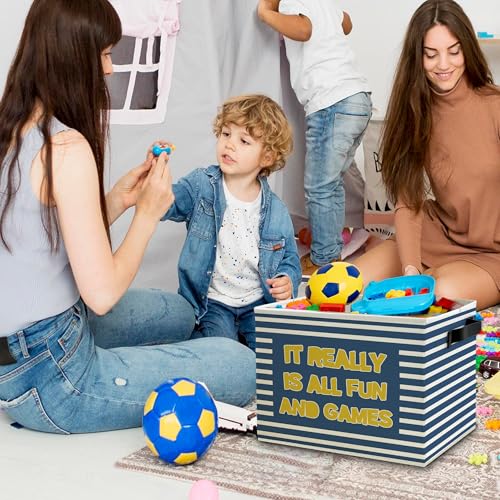Image of Funny Kids Nursery Playroom Storage Bins Box with Handles, It Really is All Fun and Games Blue Striped Collapsible Basket Organizer for Boys Toddler Kids Bedroom Bathroom Books Clothes