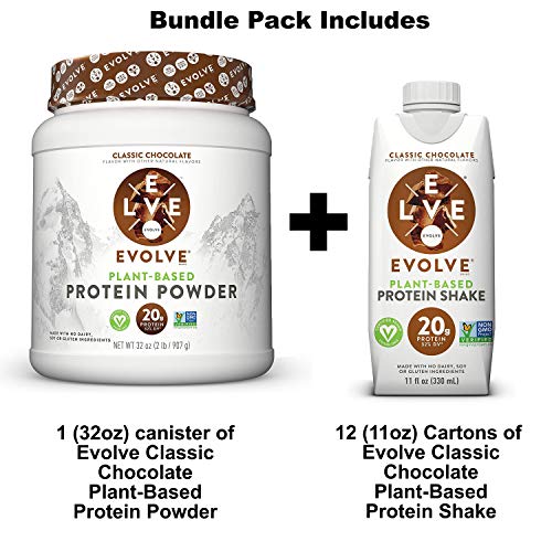 Evolve Plant-Based 20G Protein Shake And Powder Bundle Pack, Classic Chocolate, 11Oz Cartons (12 Pack) & 2Lb Canister #TOP8