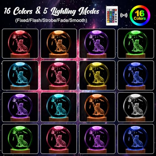 Image of Cat Gifts for Cat Lovers for Women, Large 3D Night Light, Crystal Lamp 16 Color Changing with Remote Control for Bedroom Decor, Play with Butterfly