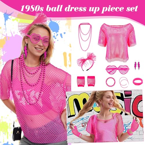 Guegine 18 Pcs 80S Fancy Dress For Women, 80S Accessories For Women, Contains Glasses, Tops, Necklaces, Headbands, Gloves, Bracelets, Earrings, Bracelets, For Retro Theme Parties - 5