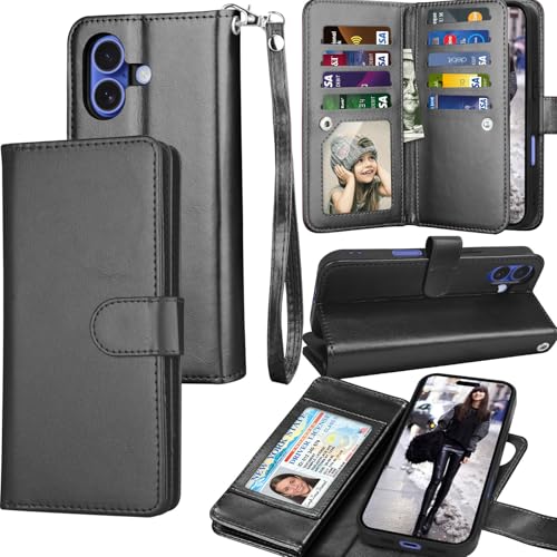 Tekcoo Wallet Case Compatible with iPhone 17 (6.3 inch) 2025 Luxury ID Cash Credit Card Slots Holder Carrying Pouch Folio Flip PU Leather Cover [Detachable Magnetic Hard Case] with Strap [Black]