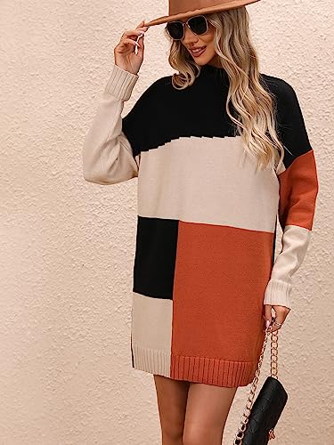 Image of yoeasy Women's Color Block Knit Tunic Sweater Dress Crew Neck Long Sleeve Mini Tunic Pullover Sweater