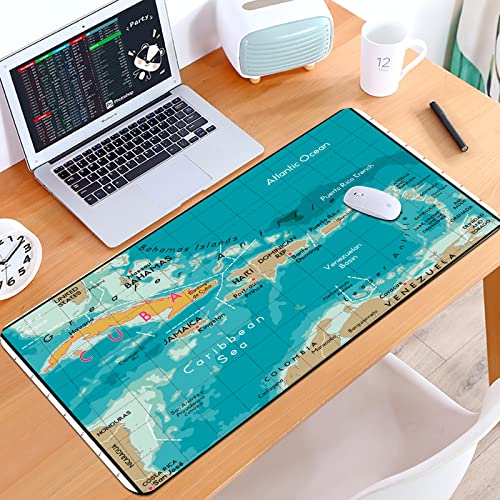 SHIVNAMI Alfombrilla Raton Grande Gaming Mouse Pad,Cuba Mapa y Mar Caribe Océano Geografía División política Fronteras terrestres,Lavable, Antideslizante Diseñada para Gamers, Trabajo de Oficina