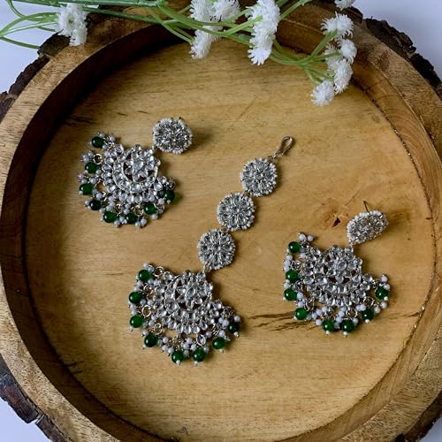 Image of I Jewels 18K Rhodium Plated with Stunning Matte Finish Traditional Kundan & Faux Pearl Chandbali Earrings with Maang Tikka Set (TE2911Z) For Women