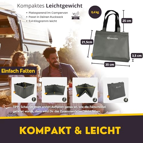 BERGTIGER® Faltschüssel Camping 18/22/26L mit EXTRA GRIFF I Faltbare Outdoor Spülschüssel & Spülwanne I Waschschüssel faltbar zum Abwaschen I robustes Camping Zubehör (Anthrazitgrau/Gelb - 26 Liter)