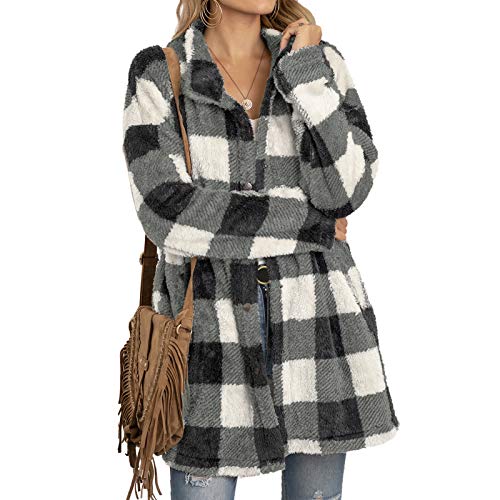 Women Long Sleeve Plaid Fleece Jacket Button Down Fuzzy Cardigan Outwear Warm Autumn Winter Coat with Pockets (White, M)