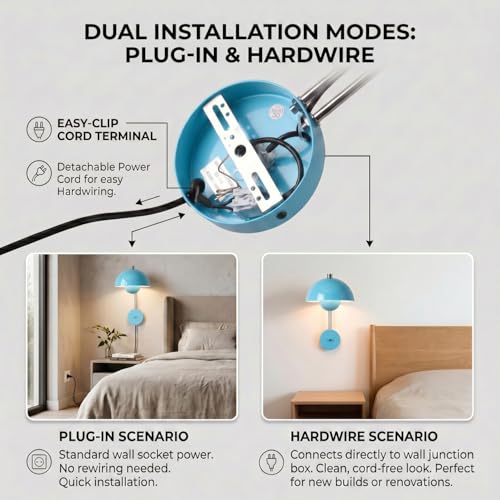 Image of COSYLUX Mid-Century Modern Bud Plug in Wall Sconces for Bedroom, Turquoise | Indirect lighting reading wall lamp, all-metal construction, plug-in or hardwired install, fits bedroom bedside, living room