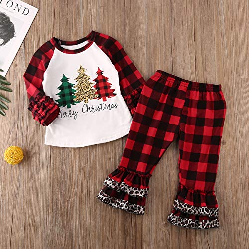 Toddler Kid Baby Girl Bell Bottom Flared Pants Short Sleeve Tops Leopard Pants 2PCS (Plaid-red-1, 1-2T) - Thumbnail 2