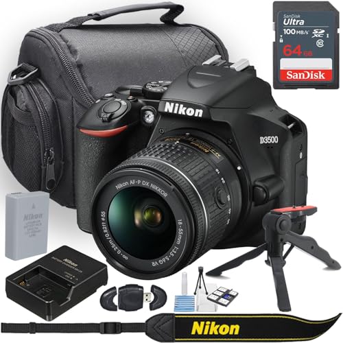 Nikon D3500 DSLR Camera w/Nikon AF-P DX NIKKOR 18-55mm f/3.5-5.6G VR Lens + Camera Case + 64GB Memory + Deluxe Starter Kit + Hand Grip Stabilizer Tripod + More (14pc Bundle) (Renewed)