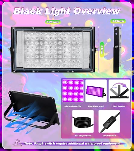 Image of TigQiang 100W 2 Pack LED Black Light IP66 Waterproof, Outdoor Blacklight Flood Light with Plug Switch Cord, for Halloween, Neon Glow in The Dark Party, Body Paint, Fluorescent Poster, Classroom