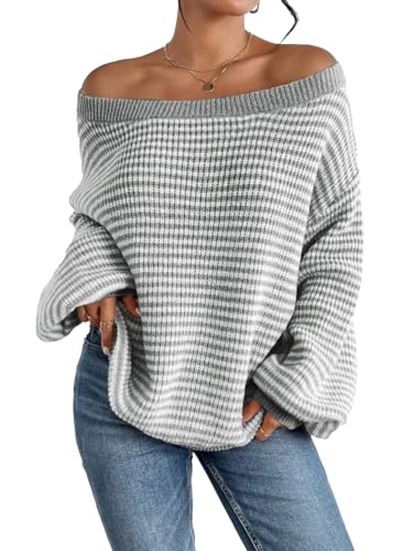 SKAYS Off The Shoulder Sweater Fall Striped Pullover Knit Sweaters for Women Long Sleeve Lightweight Drop Shoulder Tops