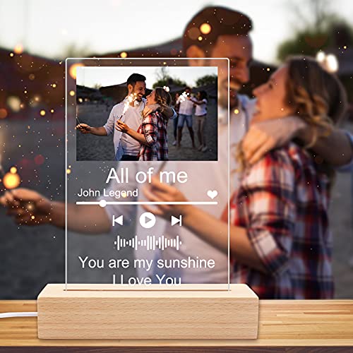 Glass Art Custom Night Light Acrylic Music Photo Album LED Lamp-Personalized Music Song Plaque Clear Room Decor Board Motherâ€™s Day for Mom Birthday Wedding Anniversary