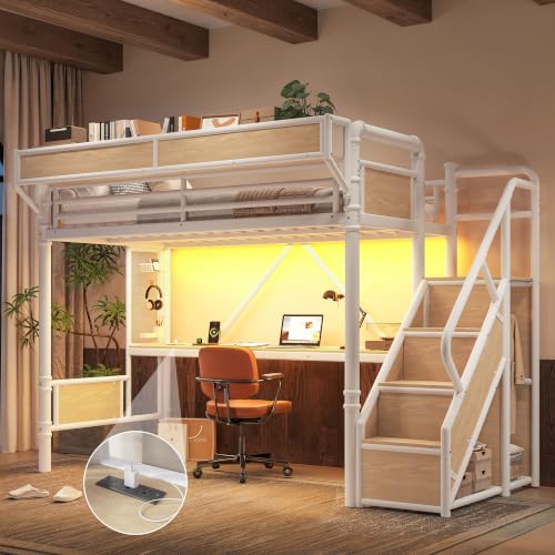 Image of Bellemave Twin loft Bed with Storage Stairs, Wardrobe, Shelves, Metal Twin Loft Bed Frame for Adults, Kids, Teens, White+Natural Wood with Stairs