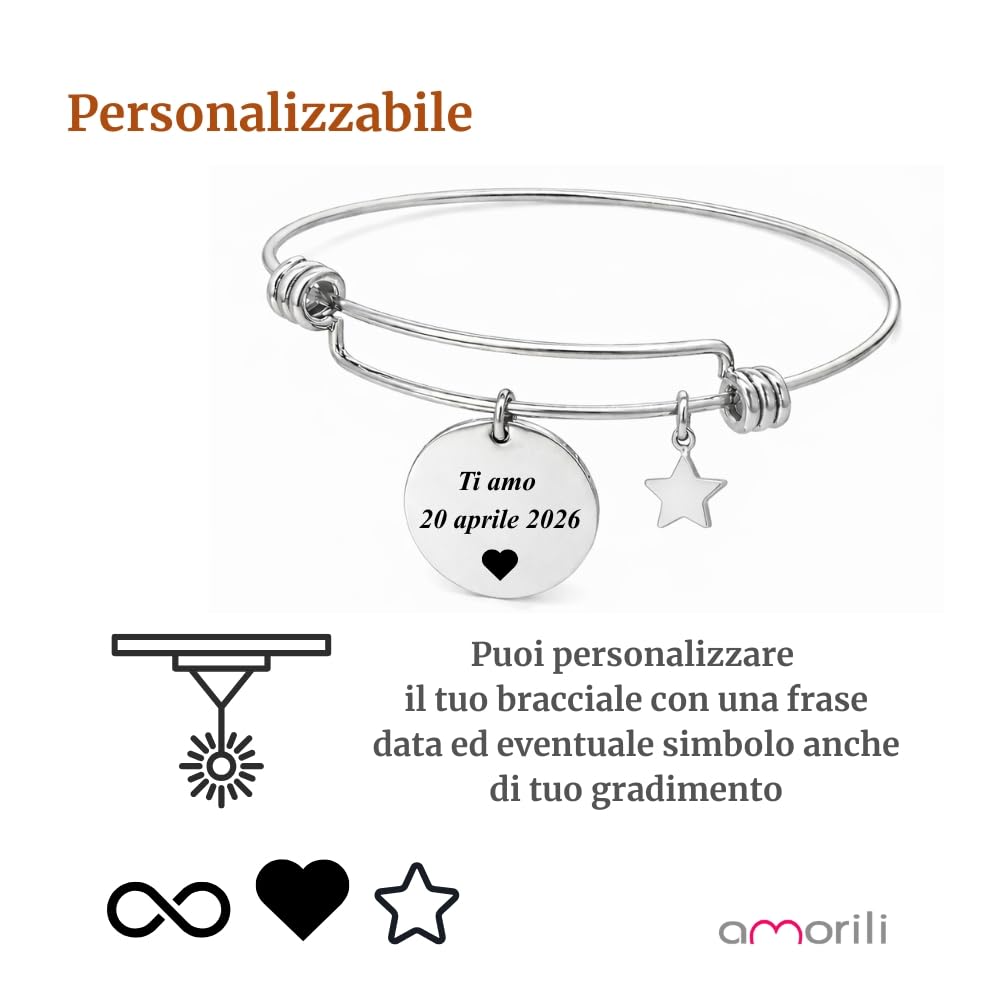 Bracciale Donna Personalizzato Personalizzabile con Incisione in Acciaio Inox Rigido – Incisione Nome Data Frase – Ciondolo Stella Stellina – Idea Regalo Elegante
