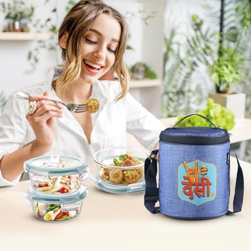 Image of Treo by Milton All Fresh Glass Tiffin Containers With Insulated Bag (Wedesi), 3 Containers, 400 ml Each, Microwave Safe, Ovensafe, Stackable, Leak Proof, Office, Blue