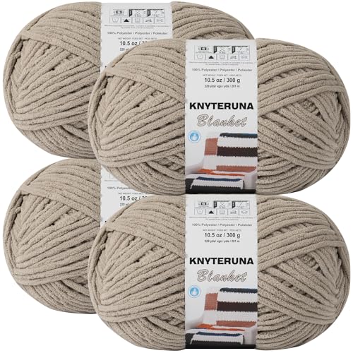 Knyteruna #6 Super Bulky Blanket Yarn for Crocheting - 4 Skeins(Each 10.5oz/300g, 220yds/201m), Chunky Chenille Thick Plush Big Soft Yarn for Crocheting Knitting Blankets, Khaki