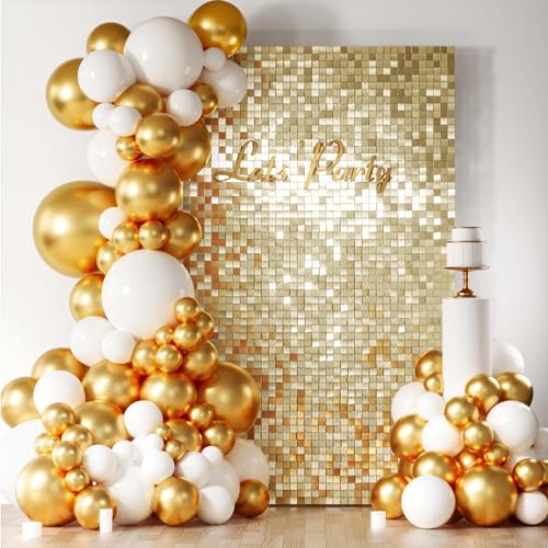 Image of COKAOBE Light Gold Shimmer Wall Backdrop, 18 Pcs Square Sequin Shimmer Backdrop Panel, Photo Backdrops for Birthday, Anniversary, Wedding, Graduation & Bachelorette Party Decoration