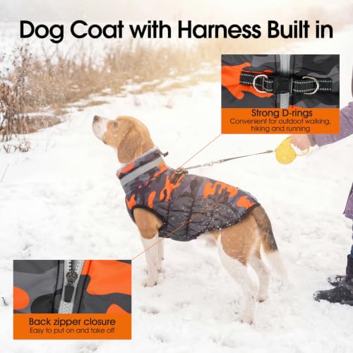 Image of Lelepet Dog Winter Coat with Harness, Waterproof Reflective Camo Jacket