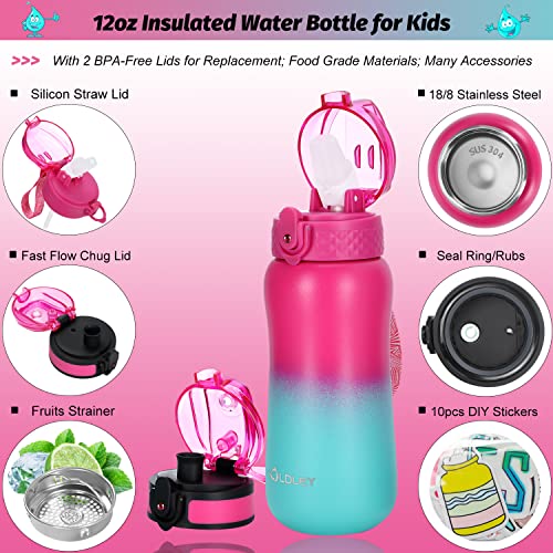 12 Oz Insulated Kids Water Bottle With Straw/Chug/2 One-Click-Open Lids 10 Stickers Fruit Strainer Stainless Steel Water Bottles Double Wall Vacuum Wide Mouth Bpa Free Sweat & Leak-Proof For School #TOP2