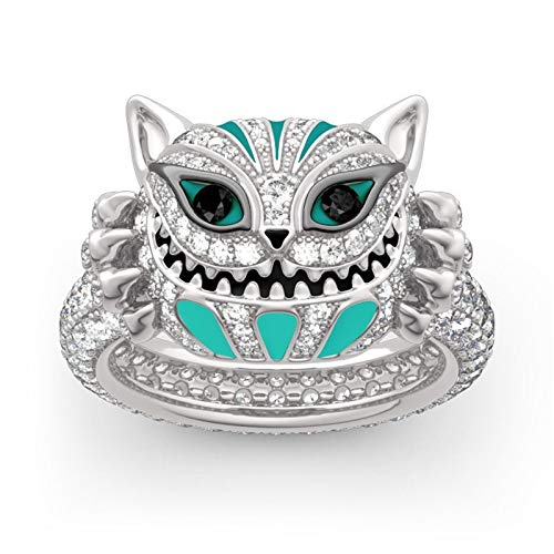 Jeulia 4.08 Carat Cheshire Cat Rings for Women Sterling Silver Enamel Rings Handmade White Diamond Animal Rings Bridal Set Wedding Engagement Anniversary Promise