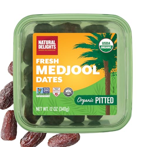 Natural Delights Medjool Dates - Jumbo USDA Certified Organic Pitted Dates Medjool, Non-GMO Verified, Good Source of Fiber, Naturally Sweet Fruit Snack, Perfect for On-the-Go - Organic Medjool Dates Pitted, 12 oz Container