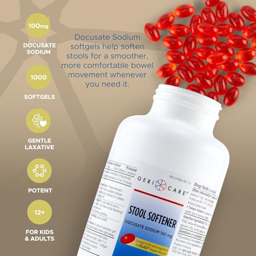 Image of GeriCare Docusate Sodium Stool Softener - 100mg Gentle Stimulant Laxative Softgels for Men & Women- Constipation Relief - Adults Daily Bowel Movement Laxative 1000 Count (Pack of 2)
