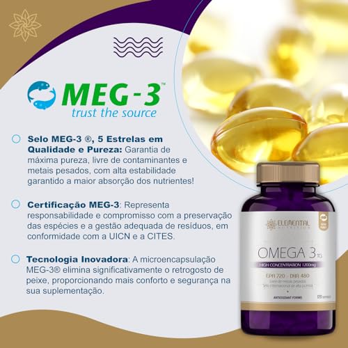 Omega 3 (Alta Concentração) 1200mg - EPA+DHA, MEG3, 120 Softgels.