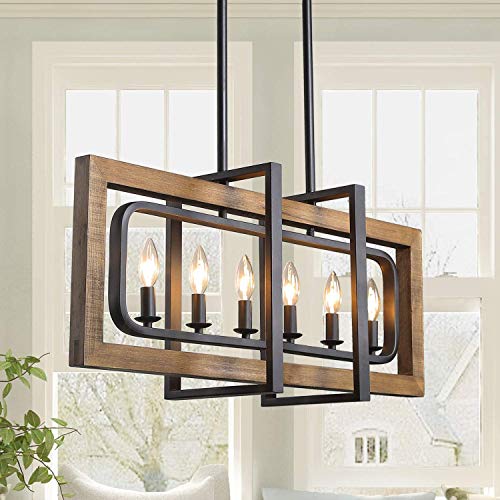 Promo 40% OFF Farmhouse Chandelier, Barn Light in Rustic Black Metal Finish & Rustic Wood Kitchen Island Lighting, 31.5" x 14" x 8.5" Island Lights for Kitchen