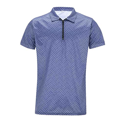 Male Casual Striped Two Piece Suit Zipper Collar Short Sleeve Top Blouse Suit Drawstring Pocket Short Tuxedo Button Set Navy #TOP3