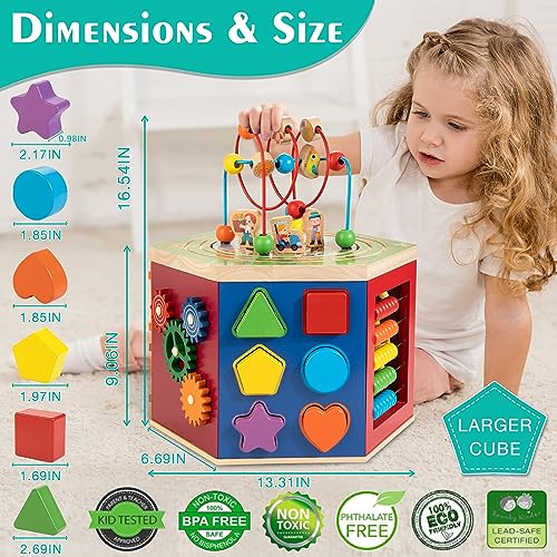 Large Activity Cube, 9-in-1 Farm-Themed Wooden Play Center, Multipurpose Montessori Toy for 1-2 Year Old Baby Toddler Kid, First Birthday Gift | Bonus Magnetic Train Cars - Image 6