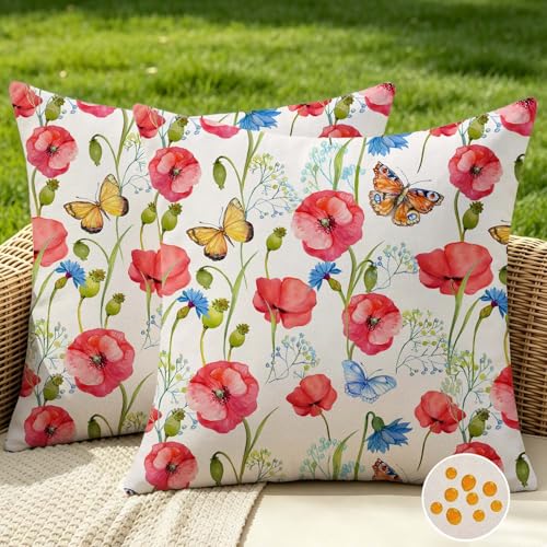 Housse de Coussin 45x45 Printemps Exterieur Impermeable Housse Coussin Floral Coquelicots Rouges Papillons Été Décoratif Taie d'oreiller Carrée pour...