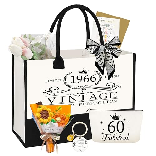 60 Geburtstag Geschenk Frau-Vintage 1966 Canvas Einkaufstasche Tragetasche, Kosmetiktasche Set & Grußkarte-60. Geburtstagsgeschenk für Mama, Kollegin Freundin, Schwester für Frauen