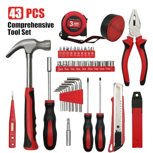MFBJXC 43 PCS Household Tools Kit with Plastic Toolbox, Portable and Lightweight Basic Home Tool Set, Emergency tool Kit with General Tools, Comprehensive Tool Box for College Students, Household Use