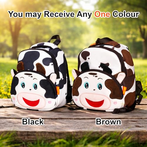 Image of WISHKEY Cow Print Bag for Pre-Schoolers Kids, Water Resistant Mini Lightweight Backpack for Kids, Small Size Bag for Play School & Nursery Kid's, Picnic Bag Travel Brown and Black 2-4 Years Pack of 1