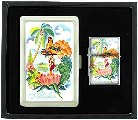 Cigarette Case and Oil Lighter Gift Set Vintage Hawaiian Art Design 005